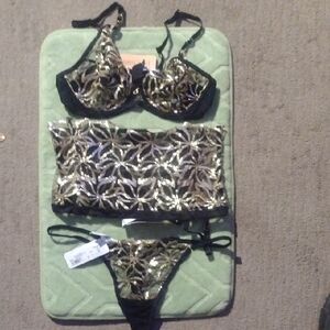 Black & Gold Sequin Three-Piece Lingerie Set
